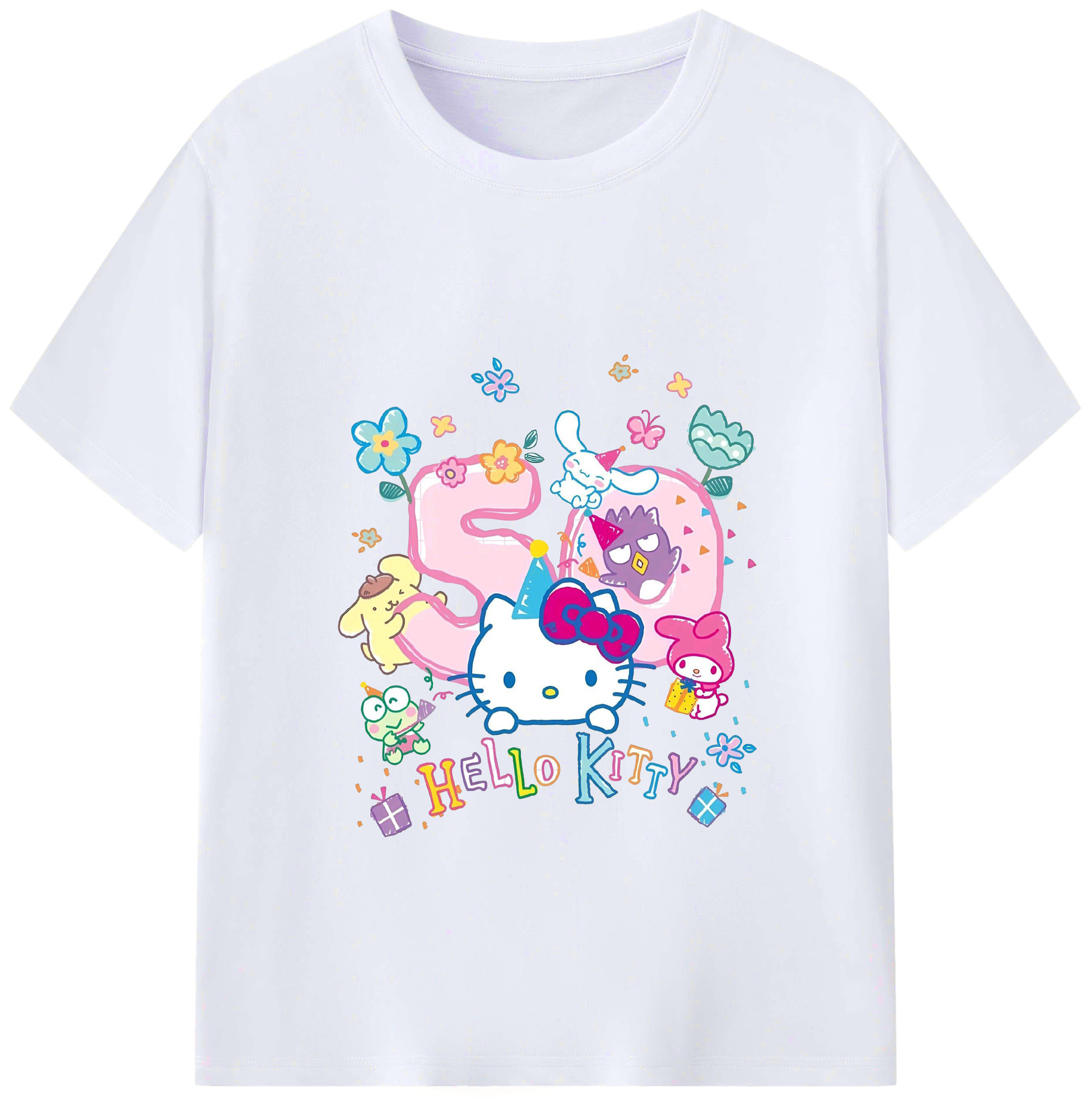キティちゃんとなかまたち大集合♪ - レディースカジュアルプリントTシャツ ・ 綿100％ ・ クルーネック ・ フロントプリント ・ 柔らかく快適 ・ フィットネス カジュアル 旅行用