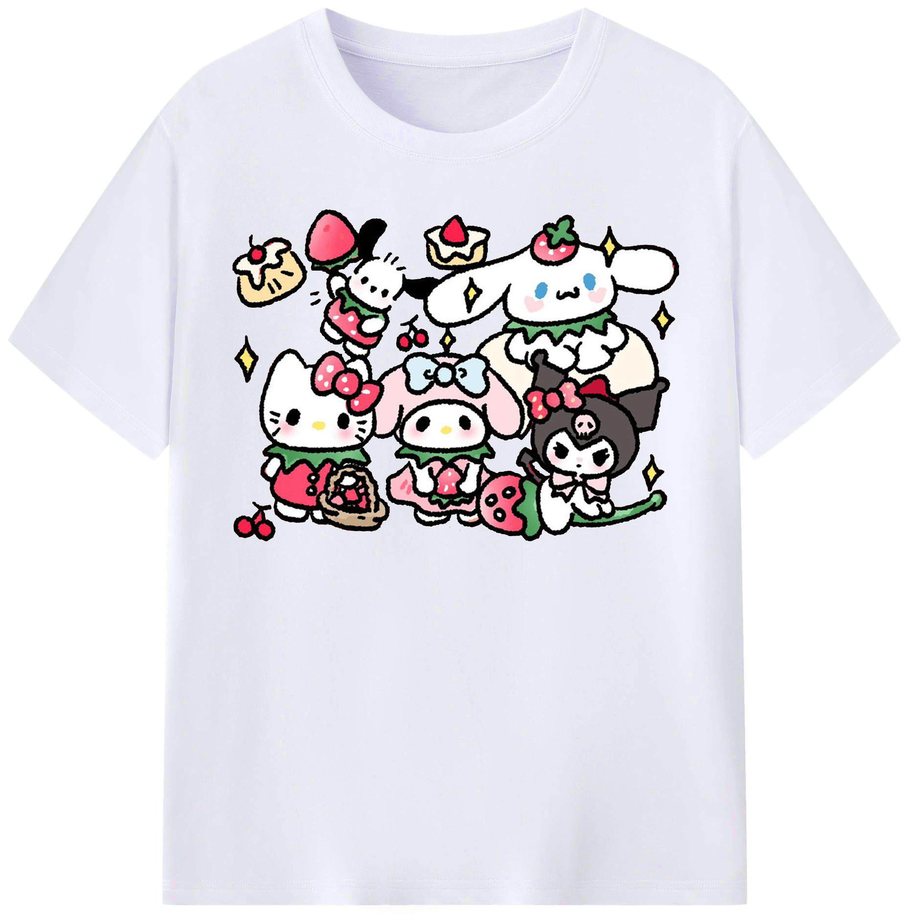 かわいい系サンリオ - レディースカジュアルプリントTシャツ ・ 綿100％ ・ クルーネック ・ フロントプリント ・ 柔らかく快適 ・ フィットネス カジュアル 旅行用