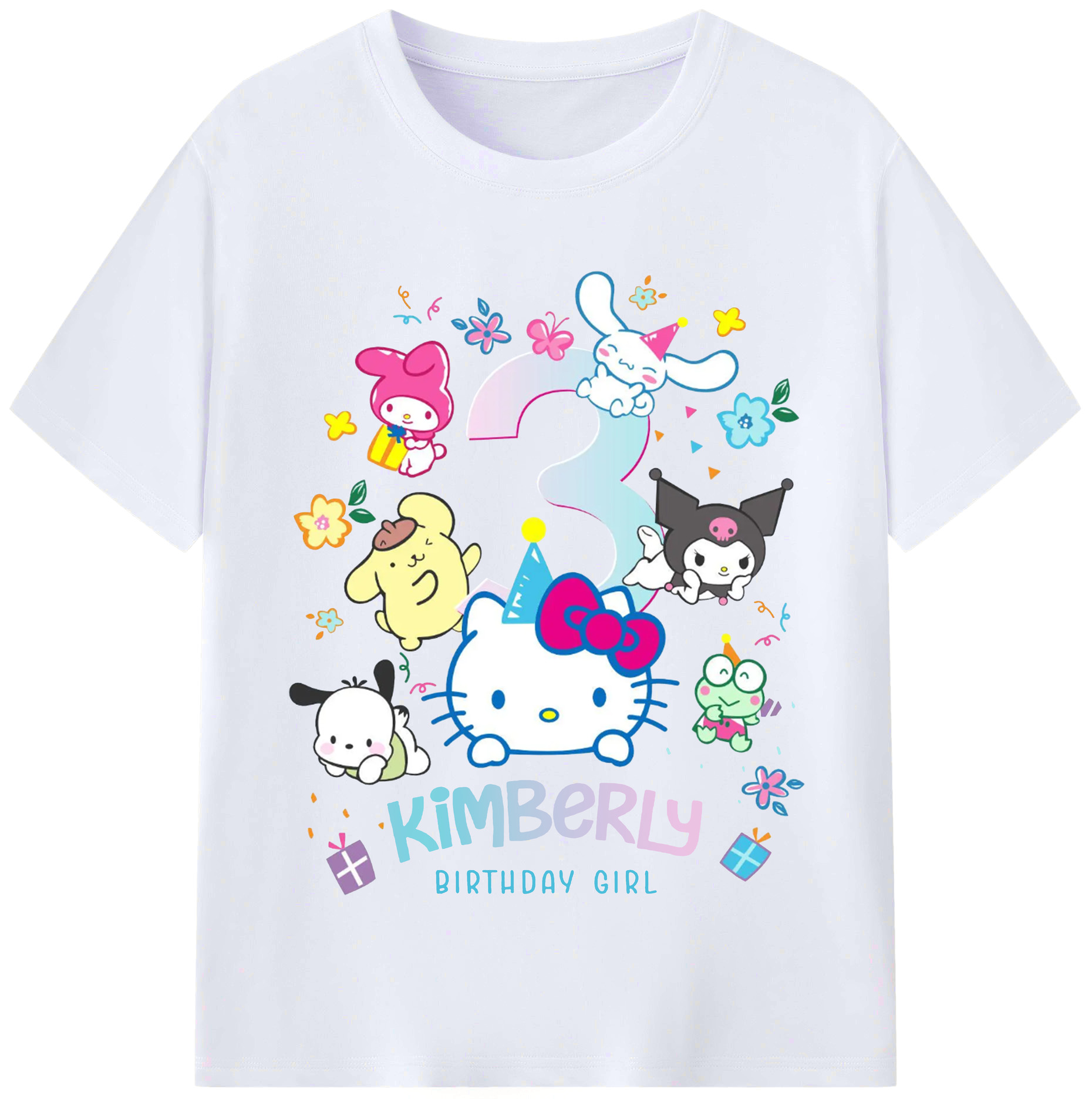キティちゃんとなかまたち大集合♪ - レディースカジュアルプリントTシャツ ・ 綿100％ ・ クルーネック ・ フロントプリント ・ 柔らかく快適 ・ フィットネス カジュアル 旅行用