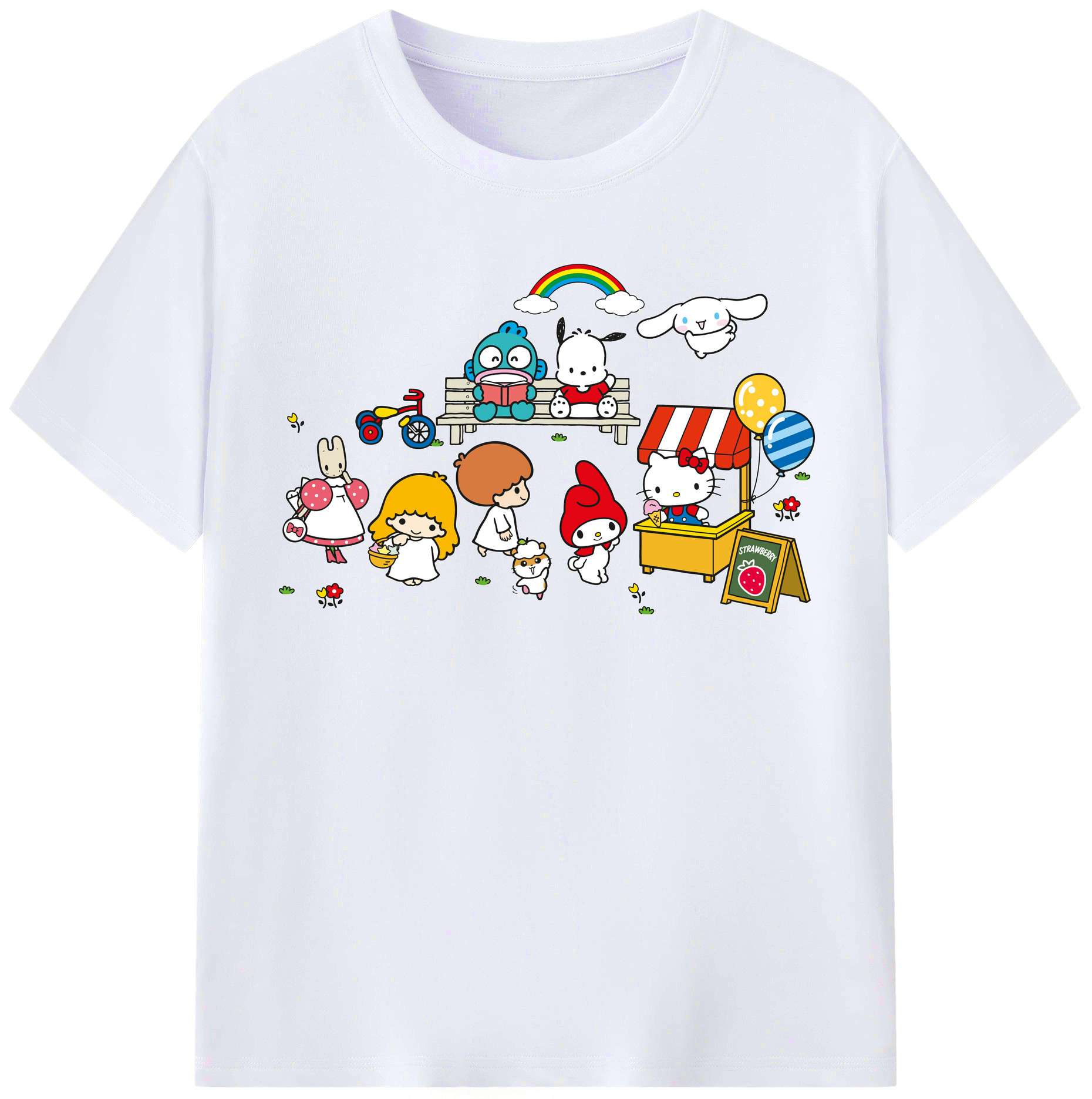 スイート系サンリオ - レディースカジュアルプリントTシャツ ・ 綿100％ ・ クルーネック ・ フロントプリント ・ 柔らかく快適 ・ フィットネス カジュアル 旅行用