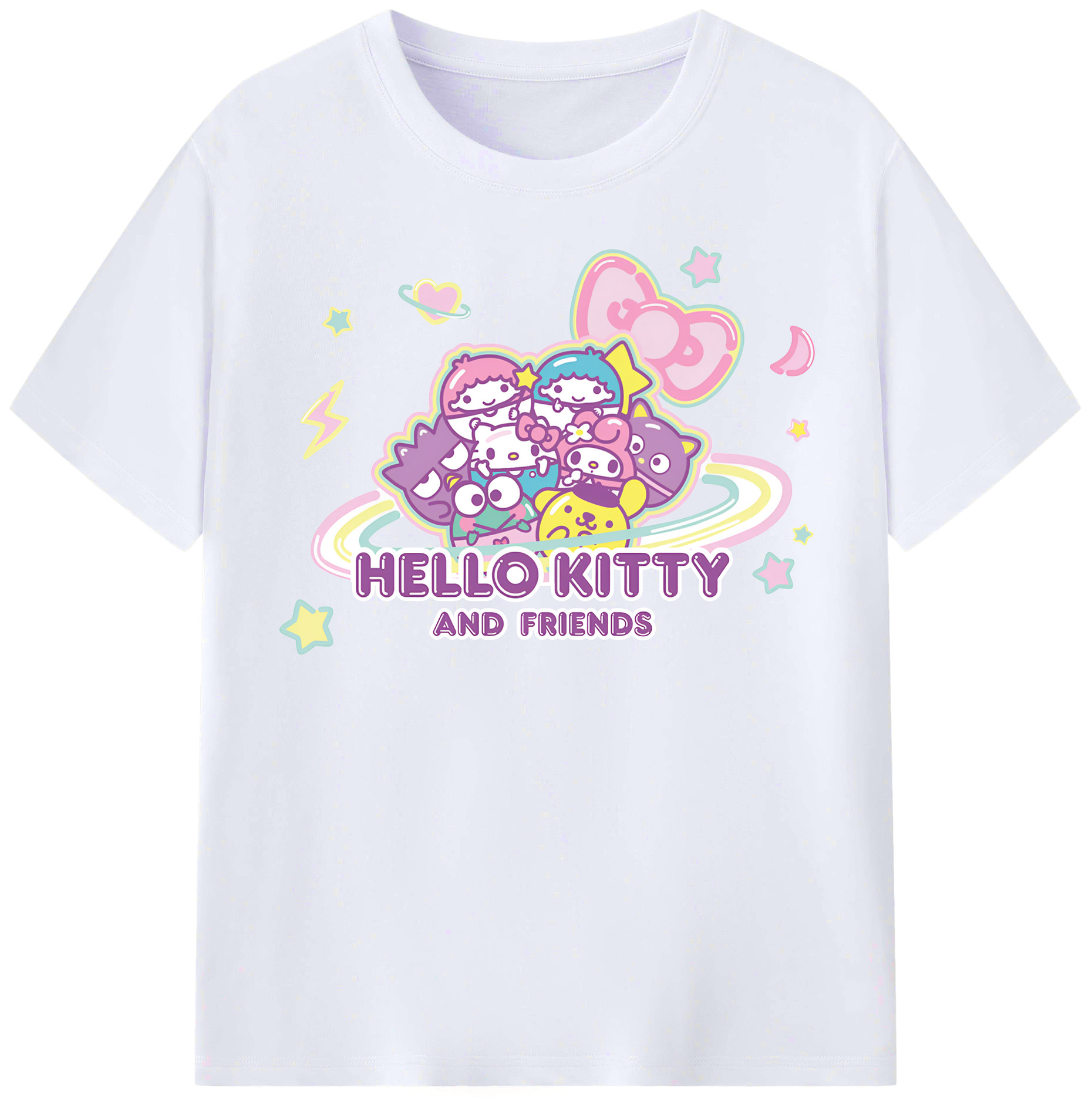 スイート系サンリオ - レディースカジュアルプリントTシャツ ・ 綿100％ ・ クルーネック ・ フロントプリント ・ 柔らかく快適 ・ フィットネス カジュアル 旅行用