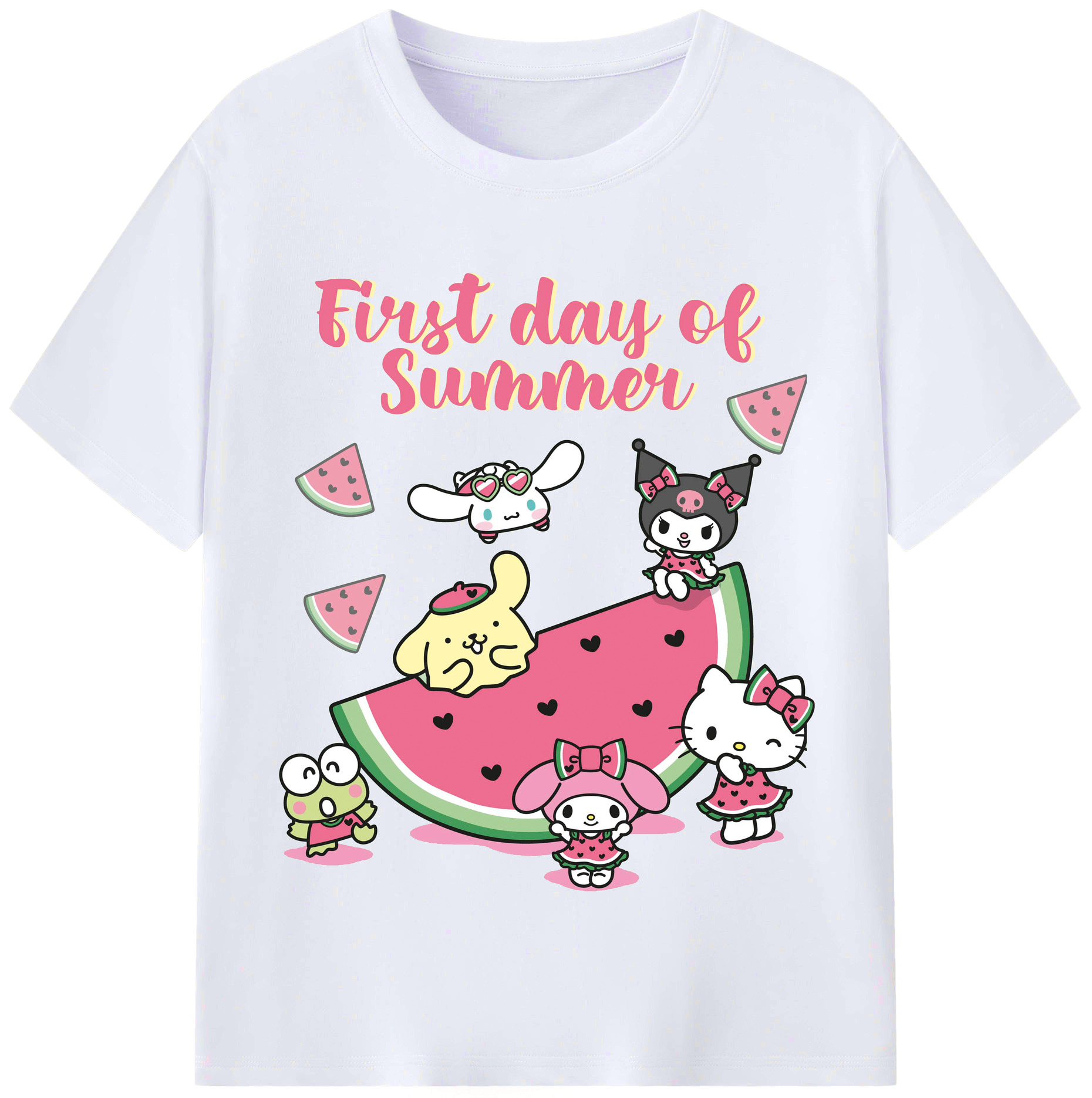 スイカサンリオ - レディースカジュアルプリントTシャツ ・ 綿100％ ・ クルーネック ・ フロントプリント ・ 柔らかく快適 ・ フィットネス カジュアル 旅行用