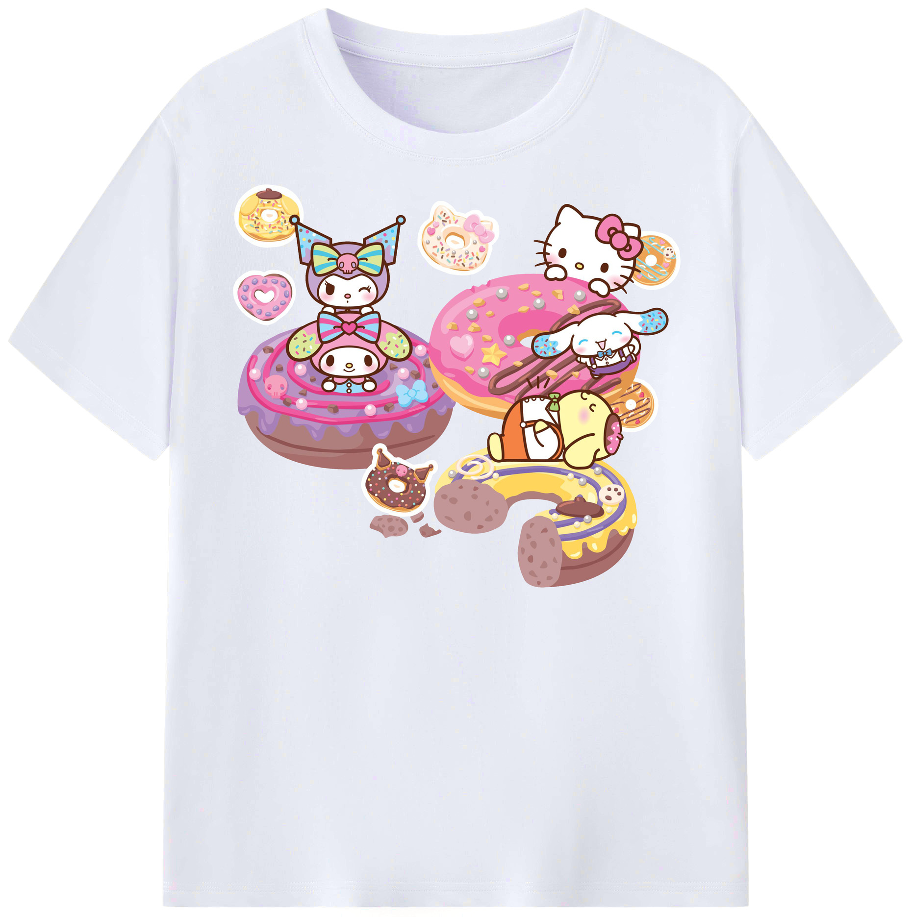 ドーナツ×サンリオ - レディースカジュアルプリントTシャツ ・ 綿100％ ・ クルーネック ・ フロントプリント ・ 柔らかく快適 ・ フィットネス カジュアル 旅行用
